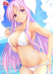 Rule 34 | 1girl, animal ears, bare arms, bare shoulders, bikini, bikini pull, blue sky, blush, breasts, clothes pull, cloud, collarbone, commentary request, cowboy shot, day, groin, hair between eyes, hand up, head tilt, highres, hisae (hisae collect), large breasts, leaning forward, long hair, looking at viewer, navel, outdoors, purple hair, rabbit ears, red eyes, reisen udongein inaba, side-tie bikini bottom, sketch, sky, smile, solo, standing, stomach, swimsuit, tan, tanline, thighs, touhou, very long hair, water, white bikini