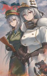 Rule 34 | 2girls, :o, azur lane, black bodysuit, black gloves, bodysuit, breasts, character request, coat, elbow gloves, feet out of frame, fur-trimmed coat, fur trim, gloves, grey hair, gun, hat, highres, holding, holding gun, holding weapon, large breasts, long hair, looking at viewer, medium breasts, military, military hat, military uniform, multiple girls, open mouth, oshiro project:re, purple eyes, sauvignon, sovetskaya rossiya (azur lane), standing, uniform, weapon, white coat, winter clothes, winter coat, yellow eyes