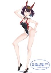Rule 34 | 1girl, absurdres, alternate costume, bare arms, bare shoulders, black footwear, breasts, collarbone, competition swimsuit, covered navel, eyeliner, fang, fate/grand order, fate (series), full body, hand on own hip, headpiece, high heels, highleg, highleg swimsuit, highres, horns, legs, looking at viewer, makeup, mi mi ham, one-piece swimsuit, oni, open mouth, pointy ears, purple eyes, purple hair, shoes, short hair, shuten douji (fate), simple background, skin-covered horns, small breasts, solo, swimsuit, thighs, twitter username, white background
