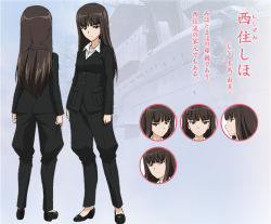 Rule 34 | 10s, 1girl, ass, back, black footwear, black jacket, blunt bangs, breasts, brown eyes, brown hair, character sheet, concept art, dress shirt, expressions, female focus, flats, formal, full body, girls und panzer, jacket, jodhpurs, long hair, nishizumi shiho, official art, pant suit, pants, shirt, shoes, solo, standing, sugimoto isao, suit, white shirt
