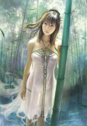Rule 34 | 1girl, bamboo, bamboo forest, breasts, brown eyes, brown hair, cleavage, dress, eat, eat0123, forest, hair ornament, large breasts, long hair, nature, original, realistic, solo, standing