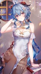 Rule 34 | 1girl, ahoge, alternate costume, arm up, bare shoulders, blue hair, breasts, brown pantyhose, china dress, chinese clothes, cleavage, detached collar, detached sleeves, dress, flower, ganyu (genshin impact), genshin impact, goat horns, hair flower, hair ornament, highres, horns, indoors, long hair, looking up, low ponytail, medium breasts, pantyhose, pink pupils, ponytail, pudding cream, short sleeves, sidelocks, sitting, white dress, white flower, window