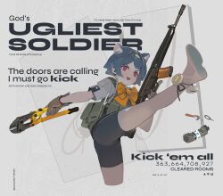 Rule 34 | 1girl, absurdres, ammunition pouch, animal ears, assault rifle, bike shorts, blue hair, bob cut, bolt cutters, boots, born to die world is a fuck (meme), bow, cat ears, cat girl, chest rig, commentary, cropped legs, door kickem (polilla), earpiece, english commentary, english text, evil smile, explosive, fang, flashbang, gloves, grenade, grenade pin, gun, gun sling, h&amp;k hk33, high kick, highres, holding, holding weapon, it&#039;s over (meme), kicking, meme, open mouth, original, bulletproof vest, polilla, pouch, profanity, radio, red eyes, rifle, shirt, short sleeves, sleeves rolled up, smile, solo, tactical clothes, trigger discipline, v-shaped eyebrows, weapon, white footwear, white shirt, wire, yellow bow