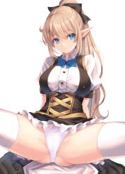 Rule 34 | 1girl, blonde hair, blue bow, blue bowtie, blue eyes, bow, bowtie, breasts, buttons, commentary request, elf, hair bow, kirishima satoshi, looking at viewer, medium breasts, original, panties, pointy ears, ponytail, smile, solo, spread legs, thighhighs, underwear, white panties, white thighhighs