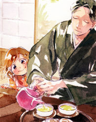 Rule 34 | 1boy, 1girl, 720 72, bob cut, brown hair, character request, child, closed eyes, closed mouth, cup, curious, day, facing viewer, green tea, holding, indoors, japanese clothes, kimono, long sleeves, nail polish, osomatsu-san, pouring, red kimono, red nails, short hair, side handle teapot, sliding doors, smile, table, tea, teapot, traditional media, tray, upper body, yukata, yunomi