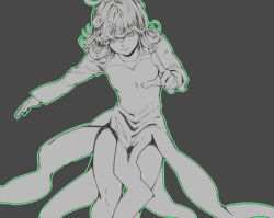 Rule 34 | 1girl, aura, bad id, bad pixiv id, bare legs, breasts, curly hair, dress, esuo (sokamen), impossible clothes, impossible dress, lowres, monochrome, one-punch man, pointing, pointing at viewer, short hair, small breasts, solo, tatsumaki
