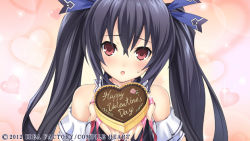 Rule 34 | 10s, 1girl, black hair, blush, chocolate, female focus, heart, heart background, long hair, looking at viewer, neptune (series), noire (neptunia), official art, red eyes, solo, twintails, valentine