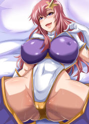 Rule 34 | 1girl, breasts, cameltoe, covered erect nipples, covered navel, gloves, gundam, highleg, highleg leotard, highres, huge breasts, legs, leotard, long hair, looking at viewer, lying, meer campbell, on back, pink hair, puripuri jet, purple eyes, smile, solo, spread legs, star (symbol), sweat, thick thighs, thighs