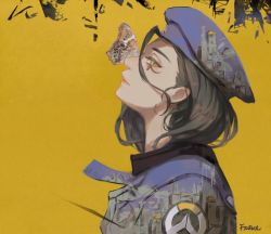 Rule 34 | 1girl, aged down, ana (overwatch), beret, black hair, blue coat, bug, butterfly, captain amari, coat, dark-skinned female, dark skin, emblem, facial tattoo, frown (wonderland85711), hat, insect, lips, logo, long hair, looking at viewer, official alternate costume, overwatch, overwatch 1, parted lips, profile, signature, solo, tattoo, upper body, yellow eyes
