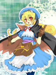 Rule 34 | 1girl, apron, bag, blonde hair, blue hat, blush, bow, cape, curly hair, dress, flipped hair, gloves, goggles, goggles on head, hat, heart, long hair, marivel armitage, pantyhose, pointing, pointy ears, red eyes, ribbon, rinka rakura, smile, solo, vampire, wild arms, wild arms 2