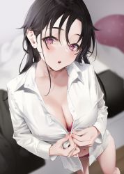 Rule 34 | 1girl, :o, black hair, blush, bra, breasts, buttons, cleavage, commentary request, dress shirt, feet out of frame, female focus, from above, highres, large breasts, long hair, long sleeves, looking at viewer, mole, mole on breast, mole under mouth, mugika, navel, no pants, open clothes, open shirt, original, panties, parted lips, shirt, solo, standing, unbuttoned, underwear