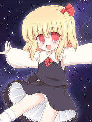 Rule 34 | 1girl, blonde hair, child, embodiment of scarlet devil, fang, female focus, hair ribbon, outstretched arms, panties, pantyshot, red eyes, ribbon, rumia, ry (yagoyago), short hair, solo, spread arms, touhou, underwear