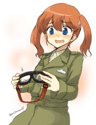 Rule 34 | 1girl, :d, blue eyes, francie gerard, gradient background, hair ribbon, highres, long hair, long sleeves, makaze (t-junction), military, military uniform, open mouth, orange hair, ribbon, smile, solo, sparkle, strike witches, strike witches: katayoku no majo-tachi, twitter username, uniform, world witches series