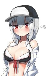 Rule 34 | 1girl, bare shoulders, baseball cap, bikini, bikini under clothes, black bikini, black hat, blush, breasts, cleavage, closed mouth, collarbone, front-tie bikini top, front-tie top, hair between eyes, hakase fuyuki, hat, long hair, low twintails, medium breasts, moti yousei, navel, nijisanji, off shoulder, open clothes, open shirt, red eyes, shirt, silver hair, simple background, solo, swimsuit, translation request, twintails, upper body, virtual youtuber, white background, white shirt