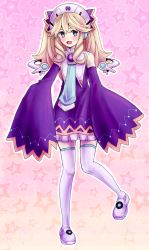 Rule 34 | 10s, 1girl, blonde hair, blue eyes, blush, detached sleeves, dress, drill hair, female focus, hairband, highres, histoire, long hair, necktie, neptune (series), oversized clothes, pltrgst, purple dress, sleeves past wrists, smile, solo, star (symbol), starry background, thighhighs, twin drills, twintails, white thighhighs