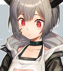 Rule 34 | apron, arknights, black jacket, blush, broken horn, brown hair, camisole, choker, commentary request, highres, hood, hood down, horns, jacket, material growth, mitake eil, oripathy lesion (arknights), red eyes, short hair, solo, vulcan (arknights)