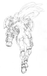 Rule 34 | 1girl, arm cannon, armor, breasts, closed eyes, female pubic hair, greyscale, highres, lineart, long hair, metroid, monochrome, muju, nintendo, nipples, ponytail, pubic hair, pussy, samus aran, solo, uncensored, undressing, varia suit, weapon