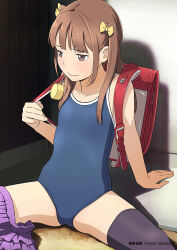 Rule 34 | 1girl, backpack, bag, black thighhighs, blue one-piece swimsuit, bow, brown eyes, brown hair, commentary request, crime prevention buzzer, embarrassed, flat chest, hair bow, hiyori mizuki, long hair, looking to the side, one-piece swimsuit, original, purple skirt, randoseru, red bag, school swimsuit, skirt, skirt around one leg, solo, spread legs, swimsuit, thighhighs, two side up