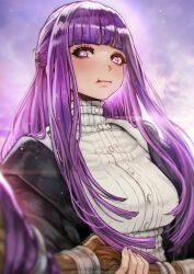 Rule 34 | 1girl, :i, black coat, blunt bangs, breasts, closed mouth, coat, dress, fern (sousou no frieren), highres, holding, holding staff, large breasts, long hair, long sleeves, magion02, medium breasts, non-web source, pout, purple eyes, purple hair, sidelocks, simple background, solo, sousou no frieren, staff, straight hair, upper body, white dress