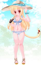 Rule 34 | 1girl, animal ears, arm up, bare arms, bare shoulders, bendy straw, bikini, blonde hair, blue bikini, blue bow, blue sky, blush, bow, breasts, brown hat, cat ears, cat girl, cat tail, cleavage, cloud, cold, commentary request, cup, day, drink, drinking, drinking glass, drinking straw, front-tie bikini top, front-tie top, full body, groin, hair between eyes, hand on headwear, hat, hat bow, highres, holding, holding cup, holding drinking glass, kanijiru, knees together feet apart, long hair, medium breasts, navel, orange footwear, original, outdoors, pigeon-toed, red eyes, red ribbon, ribbon, sandals, sky, solo, standing, sun hat, swimsuit, tail, tail ornament, tail ribbon, toenails, very long hair