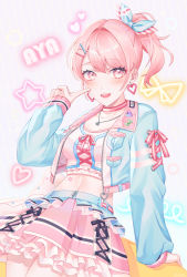 Rule 34 | 1girl, :d, aete, arm support, bang dream!, blue jacket, blush, body markings, breasts, character name, choker, collarbone, commentary, cowboy shot, crop top, cropped jacket, diagonal stripes, earrings, facial mark, finger to cheek, frilled skirt, frills, hair between eyes, hair intakes, hair ornament, hair ribbon, hairclip, hand up, heart, heart earrings, highres, jacket, jewelry, long hair, long sleeves, looking at viewer, maruyama aya, medium breasts, midriff, navel, necklace, open clothes, open jacket, open mouth, pink choker, pink eyes, pink hair, pink skirt, ponytail, ribbon, sidelocks, skirt, smile, solo, standing, striped, teeth, upper teeth only, x hair ornament