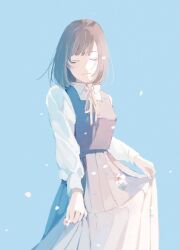 Rule 34 | 1girl, arms at sides, blue background, bob cut, bow, bowtie, breasts, brown hair, closed eyes, collared shirt, cowboy shot, facing viewer, flower, grey skirt, grey vest, happy, highres, long sleeves, original, petals, pleated skirt, school uniform, shirt, short hair, simple background, skirt, skirt hold, small breasts, smile, solo, vest, white shirt, wind, yellow bow, yellow bowtie, yuribou