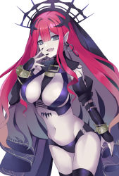 Rule 34 | 1girl, absurdres, bare shoulders, black panties, bracelet, breasts, bridal gauntlets, detached sleeves, earrings, baobhan sith (fate), baobhan sith (second ascension) (fate), fate/grand order, fate (series), grey eyes, highres, jewelry, koizumo, large breasts, long hair, looking at viewer, nail polish, navel, open mouth, panties, pink hair, pointy ears, revealing clothes, sidelocks, smile, solo, thigh strap, thighs, tiara, underwear, veil