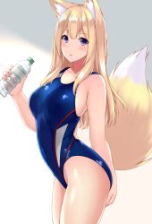 Rule 34 | 1girl, :o, animal ear fluff, animal ears, arched back, bare arms, bare shoulders, blonde hair, blue eyes, blue one-piece swimsuit, blush, bottle, breasts, collarbone, commentary request, competition swimsuit, covered navel, cowboy shot, fox ears, fox girl, fox tail, highres, holding, holding bottle, long hair, looking at viewer, medium breasts, one-piece swimsuit, original, parted lips, sogaya, solo, standing, swimsuit, tail, thighs, water bottle