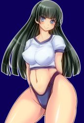 Rule 34 | 1girl, arms behind back, black hair, blue eyes, blush, borrowed character, breasts, covered erect nipples, curvy, female focus, highleg, highres, large breasts, long hair, looking at viewer, nanashi mushi, navel, original, perky breasts, shiny skin, shirt, simple background, smile, solo, standing, swimsuit, thick thighs, thighs, wide hips