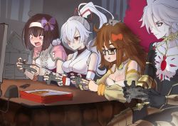 Rule 34 | 1boy, 3girls, absurdres, bodysuit, bow, brown eyes, brown hair, colored skin, earrings, fate/grand order, fate (series), flower, food, ganesha (fate), glasses, hair bow, hair flower, hair ornament, hairband, highres, japanese clothes, jewelry, jinako carigiri, karna (fate), long hair, multiple girls, open mouth, osakabehime (fate), pink eyes, pizza, pizza box, playing games, ponytail, red bow, sitting, spiked hair, tomoe gozen (fate), trait connection, very long hair, wavy eyes, white hair, white skin