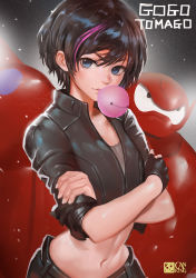 Rule 34 | 1girl, baymax, big hero 6, black eyes, black hair, blowing bubbles, canking, character name, chewing gum, cropped jacket, crossed arms, crossover, disney, fingerless gloves, gloves, gogo tomago, jacket, leather, leather jacket, looking at viewer, marvel, midriff, multicolored hair, navel, robot, short hair, single glove, solo, two-tone hair