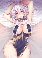 Rule 34 | 1girl, armpits, arms up, azur lane, bed sheet, between breasts, blush, braid, breast curtains, breasts, china dress, chinese clothes, commentary request, covered navel, curvy, dress, flower, garter straps, hair between eyes, hair flower, hair ornament, hair ribbon, head tilt, highres, large breasts, looking at viewer, lying, narushima kanna, on back, on bed, parted lips, pelvic curtain, pillow, red eyes, revealing clothes, ribbon, short hair, signature, silver hair, sirius (azur lane), sirius (azure horizons) (azur lane), solo, thighhighs, thighs, white thighhighs, wide hips