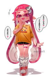 Rule 34 | 1girl, bandaid, inkling, inkling girl, inkling player character, maco spl, nintendo, oversized clothes, oversized shirt, pink eyes, pink hair, pointy ears, sandals, shirt, smile, socks, socks and sandals, speech bubble, splatoon (series), talking, translation request