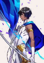 Rule 34 | 1boy, arjuna (fate), armlet, bishounen, blue cape, brown eyes, brown hair, cape, commentary request, dark-skinned male, dark skin, fate/grand order, fate (series), from side, gloves, gold trim, grey background, highres, holding, holding sword, holding weapon, indian clothes, looking at viewer, looking to the side, male focus, profile, shirt, simple background, sleeveless, sleeveless shirt, smile, solo, standing, sword, tenobe, weapon, white gloves, white shirt