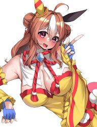 Rule 34 | 1girl, absurdres, ahoge, animal ears, blue gloves, breasts, brown hair, commentary request, commission, copano rickey (umamusume), detached collar, detached sleeves, double bun, dress, ear covers, ear ornament, fang, fingerless gloves, frilled sleeves, frills, gloves, hair bun, head tilt, highres, horse ears, horse girl, index finger raised, kshimu, large breasts, looking at viewer, lying, medium hair, multicolored hair, on side, partial commentary, purple eyes, rope, skeb commission, solo, strapless, strapless dress, two-tone hair, umamusume, white hair, yellow dress, yellow sleeves