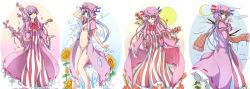 Rule 34 | 1girl, autumn, bikini, bikini under clothes, capelet, cherry blossoms, coat, commentary request, crescent, crescent hair ornament, dress, flower, gradient background, hair ornament, hat, highres, long hair, mob cap, multiple views, no headwear, open clothes, open coat, patchouli knowledge, purple eyes, purple hair, ram hachimin, scarf, seasons, spring (season), striped bikini, striped clothes, striped dress, summer, sunflower, swimsuit, swimsuit under clothes, touhou, very long hair, wide sleeves, winter