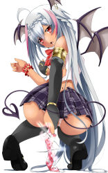 Rule 34 | 1girl, :o, armlet, ass, bat wings, black legwear, blush, breasts, demon girl, demon tail, head wings, looking at viewer, looking back, miniskirt, original, panties, red eyes, shirosuzu, shoes, silver hair, simple background, skirt, solo, tail, torn clothes, underwear, white background, white panties, wings, wrist cuffs