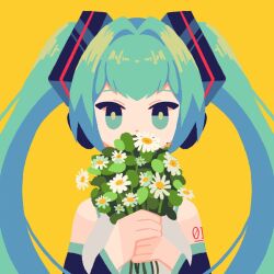 Rule 34 | 1girl, aqua eyes, aqua hair, aqua necktie, bare shoulders, black sleeves, bouquet, breasts, commentary, detached sleeves, flat color, flower, grey shirt, hatsune miku, headphones, highres, holding, holding bouquet, holding flower, large breasts, long hair, looking at viewer, misoni (mi-soni), necktie, number tattoo, pov, shirt, sidelocks, simple background, solo, symbol-only commentary, tattoo, twintails, very long hair, vocaloid, white flower, yellow background