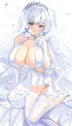 Rule 34 | 1girl, absurdres, azur lane, bare shoulders, breasts, bridal veil, center opening, cleavage, collarbone, commentary request, dress, feet out of frame, finger to mouth, flower, gloves, hair flower, hair ornament, halter dress, halterneck, highres, huge breasts, illustrious (azur lane), illustrious (morning star of love and hope) (azur lane), kisahipi, lace, lace-trimmed dress, lace trim, large breasts, long hair, looking at viewer, mole, mole under eye, official alternate costume, panties, purple eyes, revealing clothes, rose, shirt, simple background, sleeveless, sleeveless shirt, smile, solo, thighhighs, tiara, tri tails, underwear, veil, wedding dress, white background, white dress, white flower, white gloves, white hair, white panties, white rose, white theme, white thighhighs
