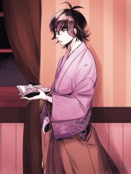 Rule 34 | 1boy, antenna hair, book, bungou to alchemist, curtains, expressionless, feet out of frame, flipped hair, from side, hair between eyes, hakama, holding, holding book, indoors, japanese clothes, jitome, kimono, leaf print, long sleeves, male focus, open book, parted lips, reading, sepia, shimazaki touson (bungou to alchemist), short hair, solo, standing, tassel, window, yueno