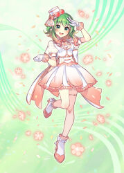 Rule 34 | 1girl, :d, arm up, blush, brown footwear, commentary request, floral background, frilled skirt, frills, full body, gloves, goggles, goggles on headwear, green eyes, green hair, gumi, hat, high heels, highres, jacket, mini hat, mini top hat, nou (nounknown), open mouth, petals, pleated skirt, puffy short sleeves, puffy sleeves, shirt, shoes, short sleeves, skirt, smile, socks, solo, standing, standing on one leg, teeth, tilted headwear, top hat, upper teeth only, vocaloid, white gloves, white hat, white jacket, white shirt, white skirt, white socks