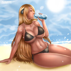 1girl abstract_background artist_logo beach beach_background belly bikini black_bikini blonde_hair blue_sky breasts cleavage closed_eyes covered_breasts creatures_(company) curvy cynthia_(pokemon) day deviantart_username drinking_water elite_four flowerxl game_freak hair_ornament hand_on_floor huge_breasts large_breasts legs long_hair midriff navel nintendo ocean pokemon pokemon_dppt sand sitting sky solo straight_hair swimsuit thick_thighs thighs toned toned_female water waterfall