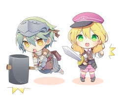 Rule 34 | 1boy, 1girl, :d, :o, alice (rune factory), armor, blonde hair, blush, chibi, collared shirt, commentary request, forehead protector, full body, green eyes, green hair, grey pants, hair between eyes, hammer, hat, holding, holding hammer, holding sword, holding weapon, long hair, long sleeves, looking at viewer, martin (rune factory), mini mamu, open mouth, pants, peaked cap, red headwear, red socks, rune factory, rune factory 5, shirt, shoes, short hair, smile, socks, standing, swinging, sword, v-shaped eyebrows, vambraces, weapon, white background, white shirt, yellow eyes