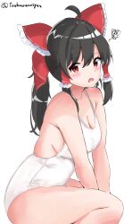 Rule 34 | 1girl, ahoge, alternate costume, bare arms, bare legs, bare shoulders, black hair, blush, bow, breasts, cleavage, feet out of frame, frills, from side, frown, hair between eyes, hair bow, hair tubes, hakurei reimu, highres, large breasts, leaning forward, long hair, looking at viewer, one-piece swimsuit, open mouth, ponytail, raised eyebrow, red bow, red eyes, sidelocks, simple background, sitting, solo, squiggle, swimsuit, touhou, touhourennsyuu, twitter username, v arms, white background, white one-piece swimsuit
