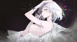 Rule 34 | 1other, bare shoulders, black background, blanket, breaking, colorful, diamond (houseki no kuni), fingernails, flat chest, hand on own head, highres, houseki no kuni, kuroduki (pieat), light, looking at viewer, multicolored eyes, multicolored hair, multicolored nails, nail polish, other focus, pale skin, short hair, silver nails, simple background, sleeveless, solo