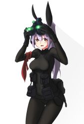 Rule 34 | 1girl, arm ribbon, black gloves, bodysuit, breasts, cowboy shot, five-seven (girls&#039; frontline), girls&#039; frontline, gloves, hair ribbon, highres, looking at viewer, night-vision device, ponytail, pouch, ribbon, sate, solo, splinter cell, tagme