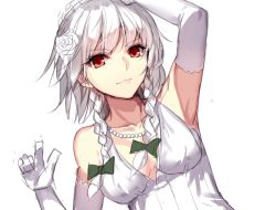 Rule 34 | &gt;:), 1girl, alternate costume, aosaki yukina, arm up, armpits, bare shoulders, bead necklace, beads, bow, braid, breasts, cleavage, closed mouth, elbow gloves, flower, gloves, green bow, hair bow, hair flower, hair ornament, izayoi sakuya, jewelry, maid headdress, medium breasts, necklace, red eyes, silver hair, smile, solo, touhou, twin braids, upper body, v-shaped eyebrows, white background, white gloves
