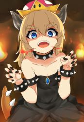 Rule 34 | 1girl, aged down, armlet, bare shoulders, black dress, black nails, blonde hair, blue eyes, blue gemstone, bowsette, bracelet, breath weapon, breathing fire, child, collarbone, cowboy shot, crown, dress, fangs, fingernails, fire, flat chest, gem, hair between eyes, horns, jewelry, leaning forward, long fingernails, looking at viewer, mario (series), nail polish, new super mario bros. u deluxe, nintendo, open mouth, paw pose, ponytail, shaded face, sleeveless, sleeveless dress, solo, spiked armlet, spiked bracelet, spikes, strapless, strapless dress, super crown, tahita1874, teeth, thick eyebrows, upper body, upper teeth only, v-shaped eyebrows