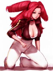 Rule 34 | 1girl, breasts, cameltoe, cleavage, covered erect nipples, drill hair, fumio (rsqkr), heroman, jacket, kneeling, large breasts, long hair, red eyes, red hair, simple background, solo, vera collins