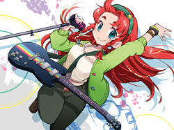 Rule 34 | 1girl, alternate costume, aqua eyes, arm up, bracelet, braid, camisole, contemporary, earrings, electric guitar, fingernails, guitar, hairball, hairband, hong meiling, instrument, inuinui, jacket, jewelry, long hair, looking at viewer, microphone stand, nail polish, necklace, open clothes, pants, red hair, ring, shoes, smile, solo focus, standing, standing on one leg, sweater jacket, touhou, twin braids, wrist straps